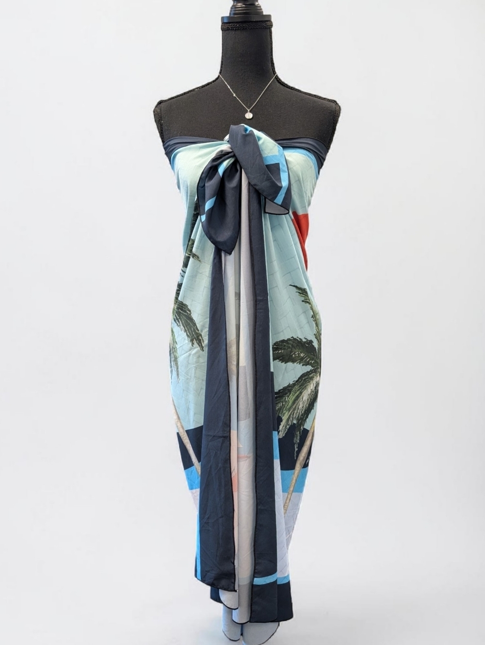 Boho Tropical Beach Sarong Cover Up Wrap Dress Palm Print Stretch Tie Front OS